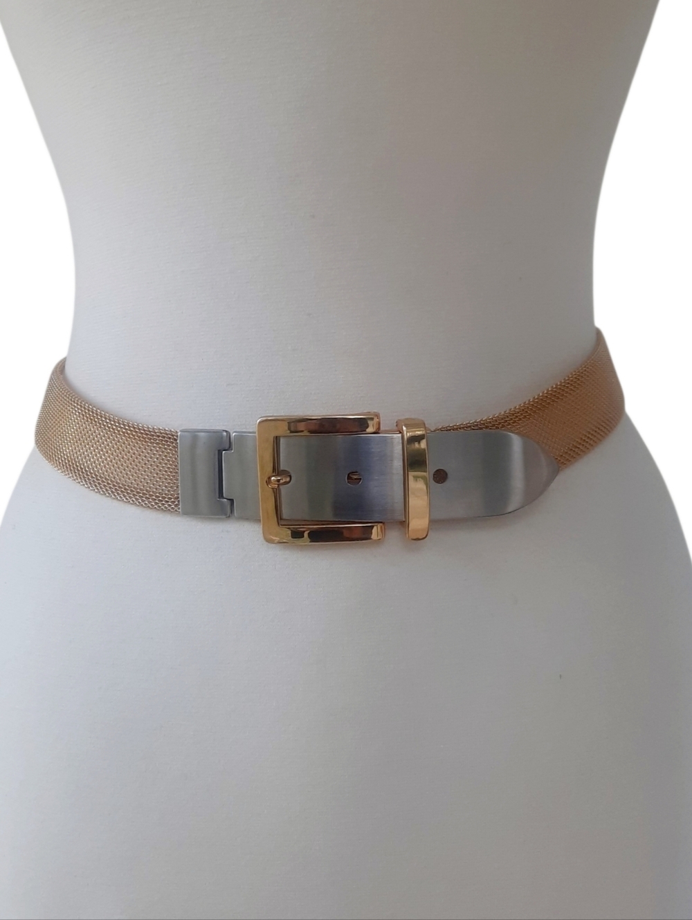 Vintage Metal Mesh Rolled Edge Gold Belt w/ Silver Tip Sz M/32 Made In Italy